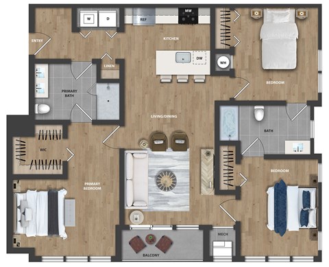 Floor plan for 3 beds, 2 baths, 1205 sqft